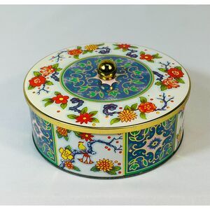 Vintage Daher Biscuit Tin w/ Lid Round Metal English Bridgerton Tea Floral Bird